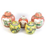 Five 20th century Chinese porcelain ginger jars and covers including a pair of Famille Verte