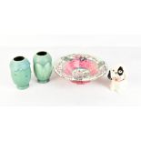 A small group of ceramics comprising Maling 'May-Bloom' pedestal bowl, two green vases with
