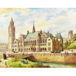 STEPHEN SCHOLES (born 1952); oil on canvas, 'Rochdale Town Hall 1898', with figures and horse