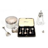 A group of various small pieces of silver including a cut glass silver mounted jar, sugar caster,