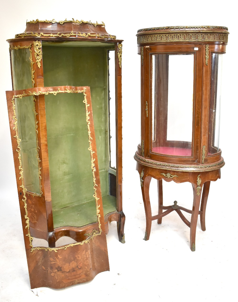 Two late 19th century French vitrines with gilt metal mounts for restoration, the slightly larger of