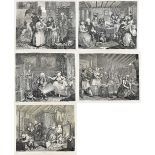 AFTER WILLIAM HOGARTH; a group of five black and white engravings, 'A Harlot's Progress' plates 1,