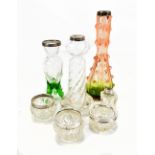 Seven 19th century and later coloured and clear glass vases and salts, all with hallmarked silver