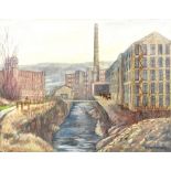 RODERICK THACKRAY; oil on canvas, 'Mosely Mills', northern mill scene, signed lower right, 40.5 x