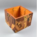 A square marquetry hanging planter comprised of a collage of different woods, 23.5 x 23.5cm.