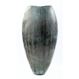 STEPHEN MURFITT (born 1953); a tall raku vessel with stepped rim covered in turquoise glaze with