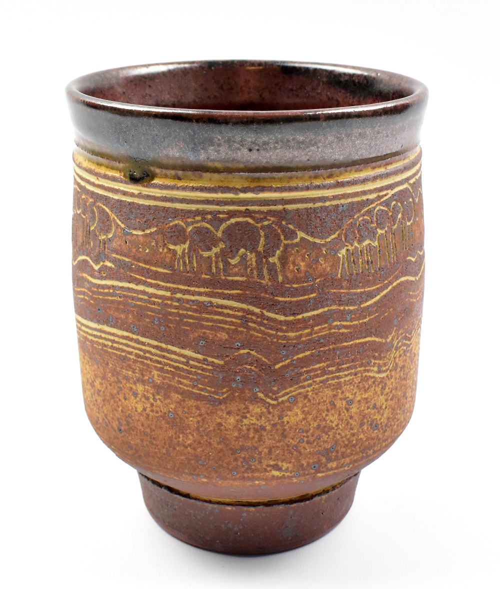 MICHAEL CASSON (1925-2003); a stoneware vase, dry ash glaze with incised landscape decoration,