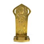 J CO; an Art Nouveau brass hanging double candle holder, the back plate decorated in relief with