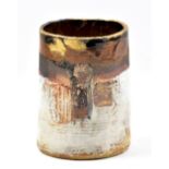 ROBIN WELCH (1936-2019); a cylindrical stoneware vessel, bands of colour with gold crackle glaze