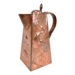 NEWLYN; an Arts and Crafts copper jug of conical square form decorated with herons and fish,