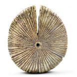 ALAN WALLWORK (1931-2019); a stoneware split oval form with radiating decoration picked out in