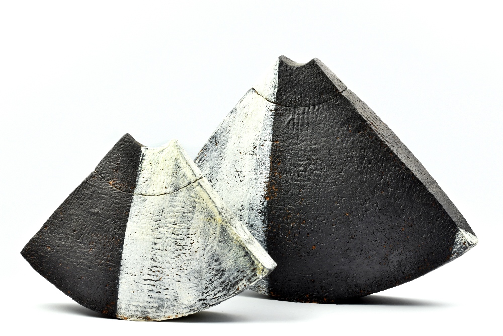 GUNHILD AABERG (born 1939); two stoneware vessels with curved bases and covers, painted