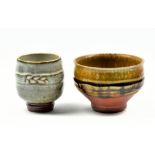 PHIL ROGERS (born 1951); a stoneware chawan partially covered in green ash glaze, impressed PR mark,
