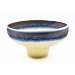HAZEL JOHNSTON (1933-2011); a porcelain pedestal bowl, whiting slip and brushed cobalt and bronze