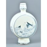 RICHARD HEELEY; a porcelain pilgrim bottle with cobalt 'crab among rocks and waves' decoration,