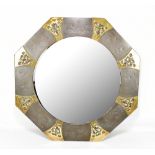 A Scottish Arts and Crafts sheet metal octagonal floor mirror, with applied brass edges, with