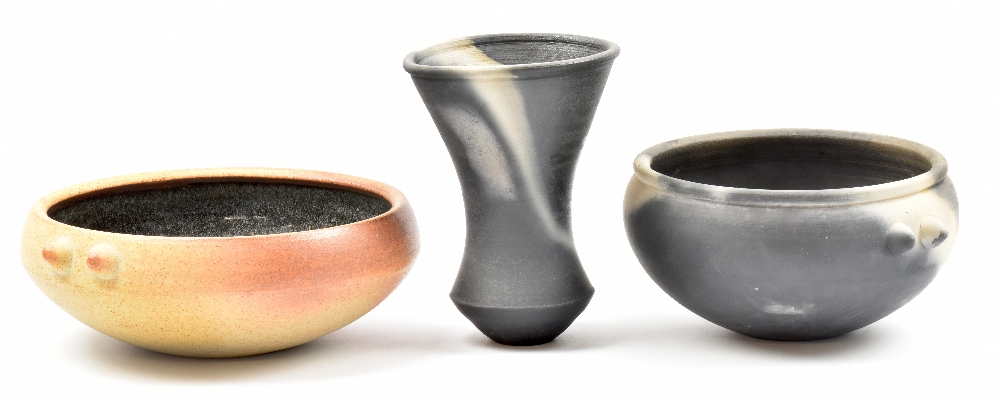 JOHN LEACH (born 1939) for Muchelney Pottery; a 'Black Mood' tapered vase and lugged bowl, and a