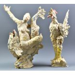 MICHAEL FLYNN (born 1947); two stoneware sculptures of a crowing cockerel and a female figure seated