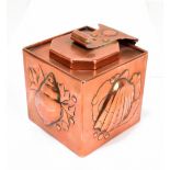 NEWLYN; an Arts and Crafts copper inkwell square form, relief decorated with shells and love heart