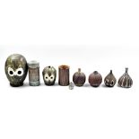 Briglin Pottery; a group of tin glazed earthenware vases, moneyboxes and a lamp, impressed marks,