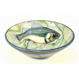 ADRIAN BROUGH (born 1962); a large earthenware bowl decorated with a fish amongst reeds, painted AJB