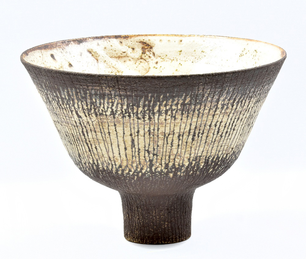 WAISTEL COOPER (1921-2003); a deep stoneware pedestal bowl, sgraffito decoration on iron and cream