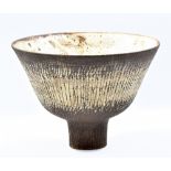WAISTEL COOPER (1921-2003); a deep stoneware pedestal bowl, sgraffito decoration on iron and cream