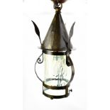 G E C; an Arts and Crafts steel lantern with a vaseline glass shade, height 37cm.