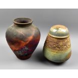 A raku vase, incised mark, height 21.5cm, and stoneware jar and cover by another hand (2).Additional