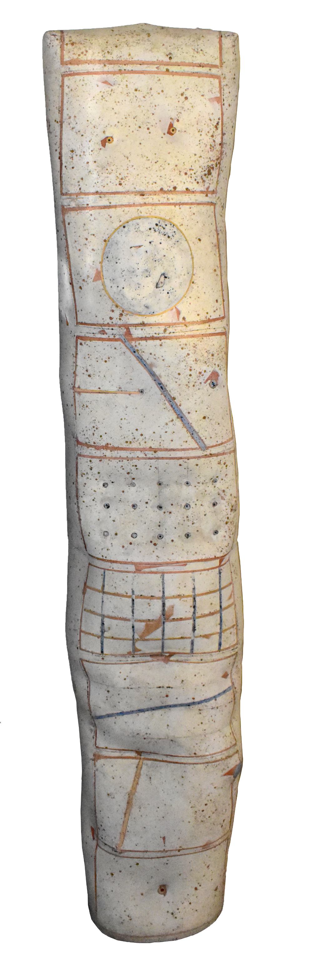 REGINA HEINZ (born 1957); a tall earthenware two-part cushion-like sculptural form decorated with
