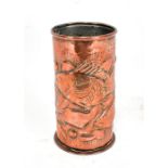 NEWLYN; an Arts and Crafts copper cylindrical vase decorated with fish, impressed marks to base,