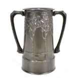 DAVID VEASEY FOR ENGLISH PEWTER; an Arts and Crafts twin-handled loving cup decorated with verse '