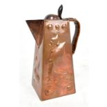 NEWLYN; an Arts and Crafts copper jug of tapering square form, decorated with galleons and a