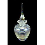 OKRA GLASS; an iridescent perfume bottle and stopper with linear decoration, height 14.5cm,