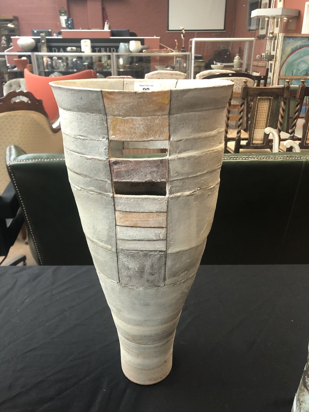 ROBIN WELCH (1936-2019); a tall tapered and pierced stoneware vessel, impressed RW mark, height - Image 3 of 4