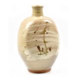 WILLIAM MARSHALL (1923-2007); a stoneware bottle with flattened sides, iron brushwork on hakeme