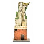 CHRISTY KEENEY (born 1958); a flattened earthenware 'Cubist' sculpture of a figure, incised