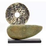 PETER HAYES (born 1946); a stoneware sculpture, 'Boat Form', fractured smoky white disc mounted on