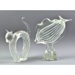 LICIO ZANETTI FOR VETRI MURANO; two glass sculptures, a fish and a cat, with internal white banding,