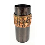 ILDIKO SZILAGYI; a copper cylindrical vase, the main body featuring planished decoration with single