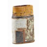 ROBIN WELCH (1936-2019); a large oval stoneware bottle form decorated with blocks of colour,