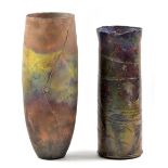 JOHN BEDDING (born 1947); a tall raku vase with smoky surface, height 36.5cm, and a raku jar and