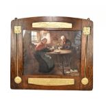 An Arts and Crafts oak picture frame with inset gilt plaster mounts depicting Robert Burns'