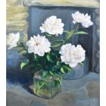 MARY CLARKE; an oil on board, 'Peonies', unsigned, inscribed on label verso, 58 x 46cm, framed. (D)
