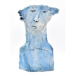 CHRISTY KEENEY (born 1958); a flattened earthenware head, scored lines covered in blue staining,