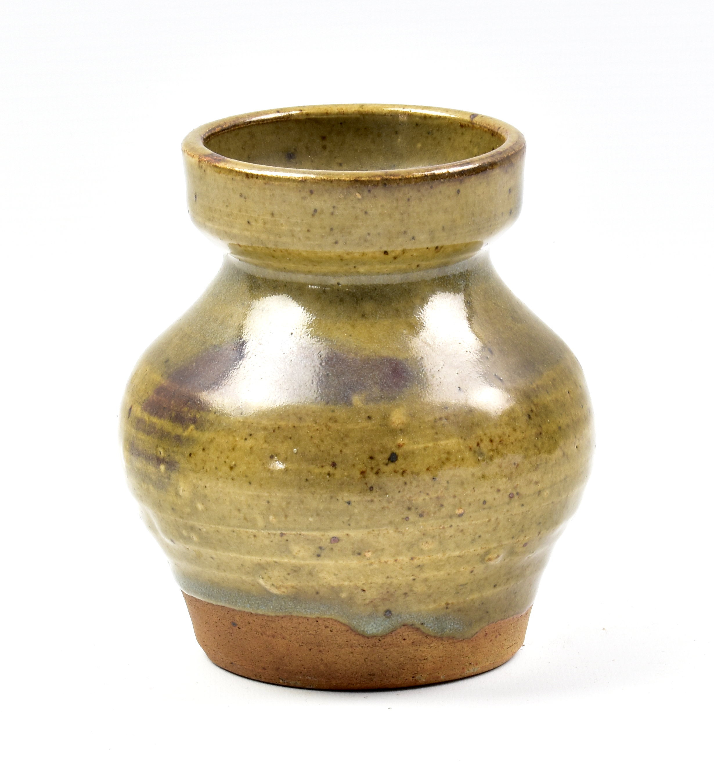 WILLIAM STAITE MURRAY (1881-1962); a squat stoneware vase with pronounced collar covered in olive