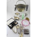 Various collectibles including brass jam pan, set of six napkin rings, green art glass vase,