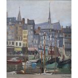 JULIAN BARROW (1939-2013); oil on canvas, 'Honfleur Harbour', colourful boat scene,
