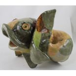 A modern large studio pottery vase/ornament in the form of a carp or catfish painted with green,
