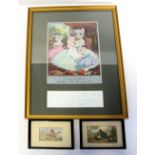 A print of a family of mice framed with a note of thanks, 22 x 15cm and two miniature prints (3).